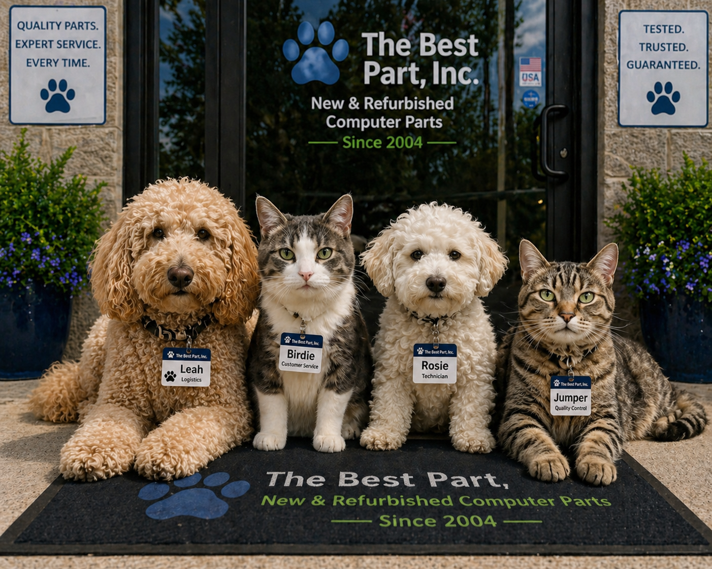The Best Part Inc. four-legged team outside the company entrance